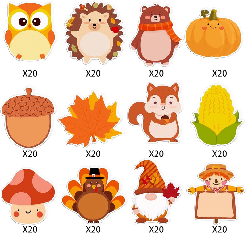 MOZUI 240Pcs Fall Sticky Notes Thanksgiving Sticky Notes, Turkey Pumpkin Squirrel Maple Leaf Memo Notes, Self-Stick Pads Fall Themed Animal Decorative Reminder Notes for Autumn Decor Notes, Office, School - Image 5